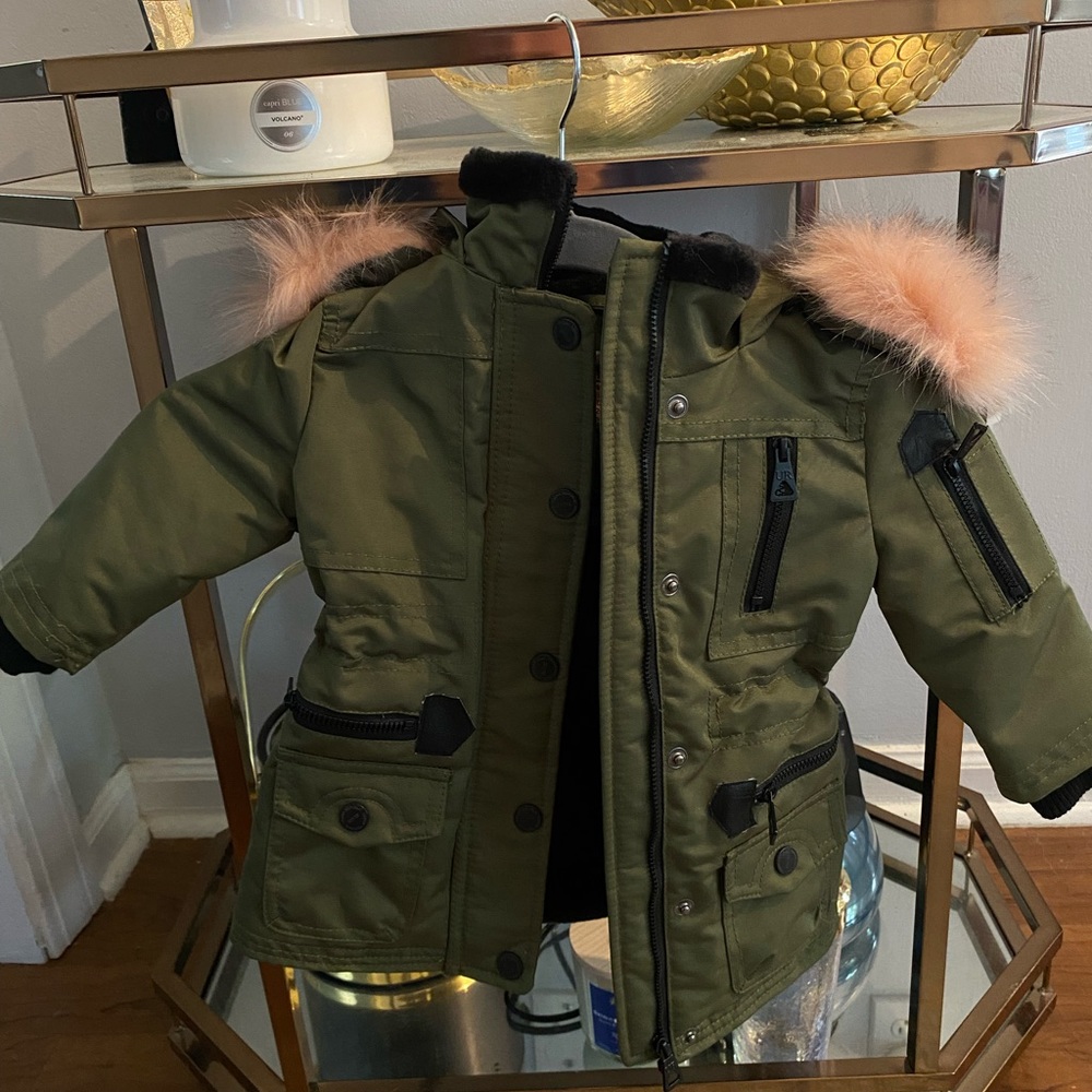 Olive green, girl’s 12 mo, Urban Republic removable fur hood jacket